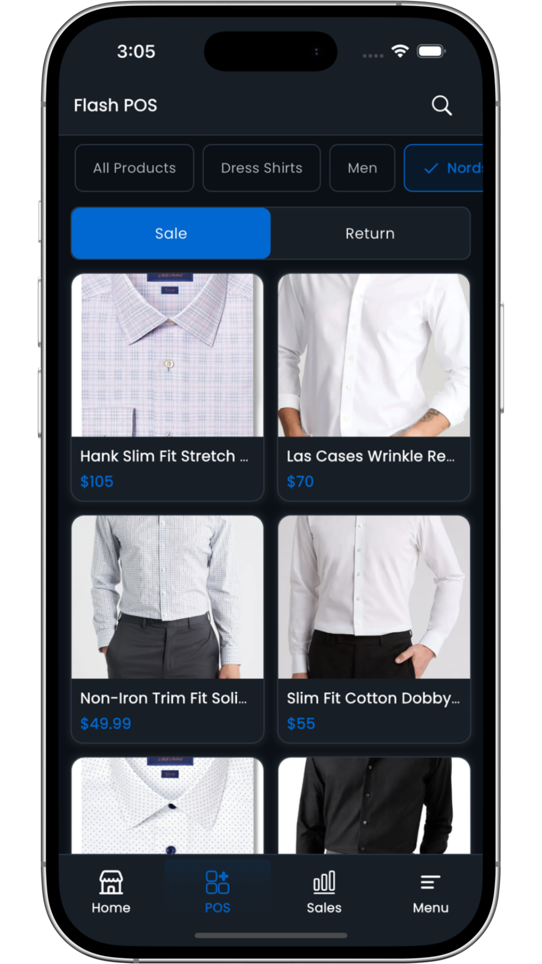 Flash POS app showing products management with POS